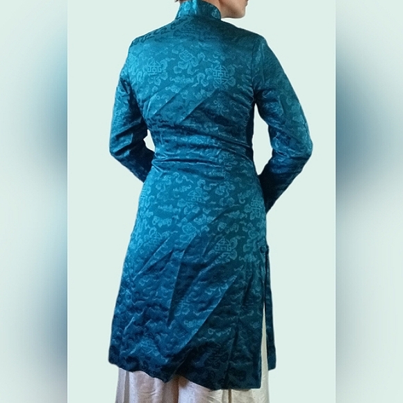 Teal Blue Silky Oriental Overcoat - Picture 2 of 2